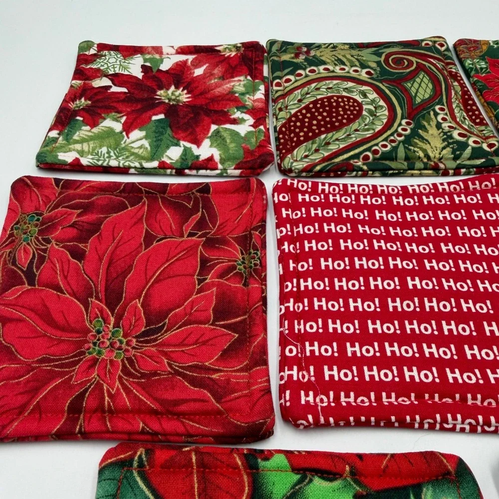 Christmas Fabric Coasters Set of 8 Handmade Quilted Poinsettia Holiday Custom